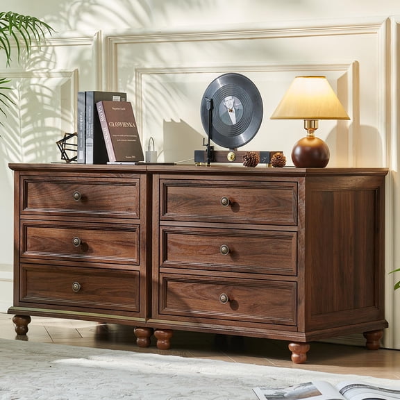 JOAXSWE 2-Piece Farmhouse Nightstand Set, 24" Wide 3 Drawer Bedside Tables with Charging Station, Wood Storage End Tables for Bedroom, Brown