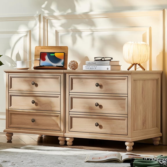 JOAXSWE 2 Three-Drawer Nightstands Set of 2, 24" Wide Farmhouse Bedside Tables with Charging Station, Wood End Tables for Bedroom, Natural