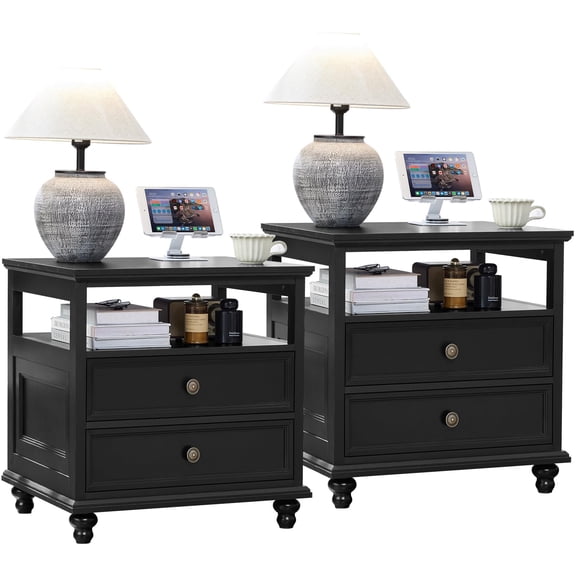 JOAXSWE 24" Wide Farmhouse Nightstand Set of 2, 2 Drawer Bedside Tables with Open Shelf and Metal Handles, Wood End Tables for Bedroom, Black