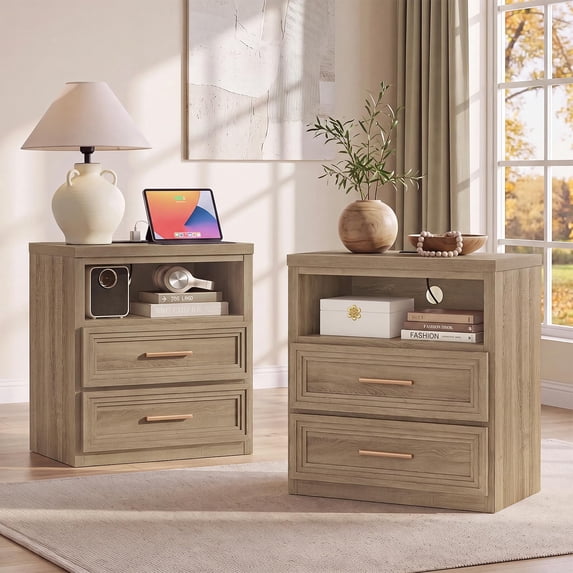 JOAXSWE 24" Wide Nightstand Set of 2, Farmhouse 2 Drawer Bedside Tables with Charging Station, Open Shelves and Metal Handles for Bedroom, Oak
