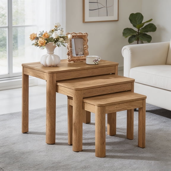 JOAXSWE 3-Piece Farmhouse Nesting Table Set, Side Tables with Rounded Corners, 4 Thickened Legs and Foldable Design for Living Room, Dark Wood