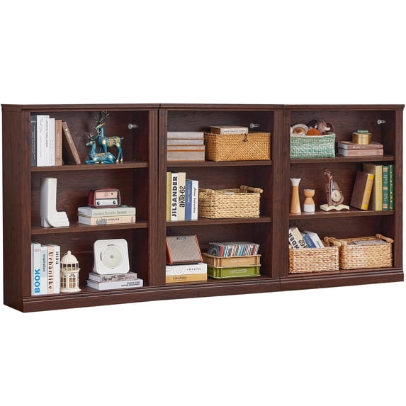 JOAXSWE 3-Piece Wooden Bookcase Set, 43" Tall Farmhouse Bookshelf with Adjustable Shelves, 3 Tier Open Storage for Living Room Office, Walnut