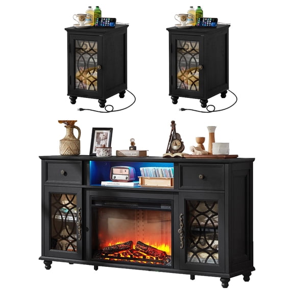 JOAXSWE Farmhouse Fireplace TV Stand Set of 3, 59" Entertainment Center with 2 Side Tables, Charging Station, Storage Drawers, Classic Black