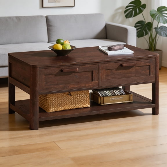 JOAXSWE Farmhouse Living Room Coffee Table, Rectangle Living Room Table with Rounded Corners and Quiet Feet, Walnut