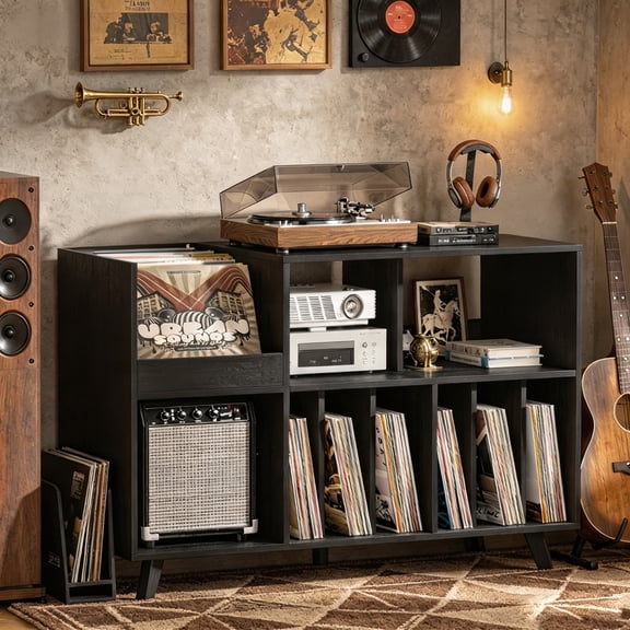 JOAXSWE Large 48" Record Player Stand with Display Area, Vinyl Record Storage Holds Up to 450 Albums, Turntable Table for Living Room, Classic Black
