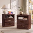 thumbnail image 1 of JOAXSWE Set of 2 Farmhouse Nightstands, 24" Wide 2 Drawer Bedside Tables with Charging Station and Open Storage Shelves, Metal Handles, Walnut, 1 of 7