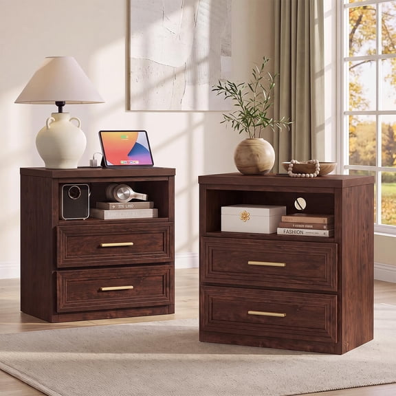 JOAXSWE Set of 2 Farmhouse Nightstands, 24" Wide 2 Drawer Bedside Tables with Charging Station and Open Storage Shelves, Metal Handles, Walnut