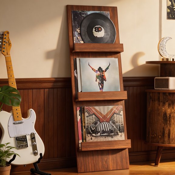 JOAXSWE Vinyl Album Storage Rack, 3 Tier Wall-Leaning Display Shelf, 47.5" Tall Record Holder for Up to 30 Vinyls, CDs and Magazines, Walnut
