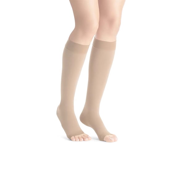 JOBST Maternity Opaque Compression Stockings, 15-20 mmHg, Knee High, Open Toe, Caramel, Medium