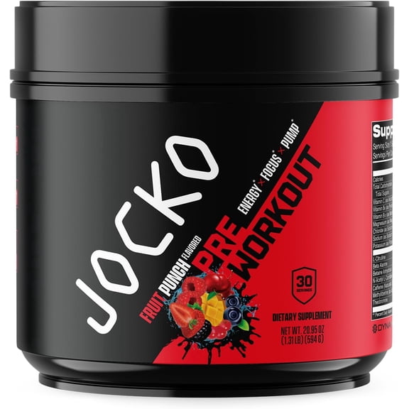 Jocko Fuel Pre Workout for Men & Women, High Stim Low Sugar Blend with Beta Alanine + L-Citrulline, Support Muscle Pump, Energy, & Recovery, 200mg of Caffeine, Fruit Punch, 30 Servings, 1.31lbs