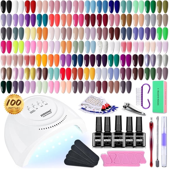 JODSONE 100 Bottles Gel Nail Polish Kit with UV LED Light, 95 Glossy Glitter Colors Mint Green Light Pink Nail Gel, Base Coat Glossy Matte Top Coat Complete DIY Manicure Supplies