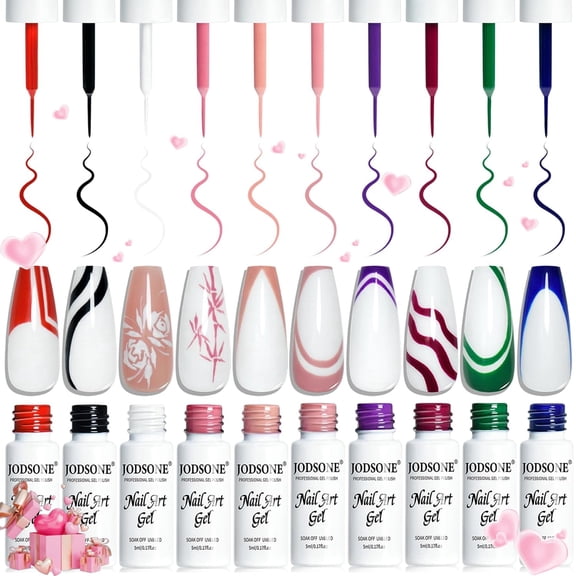 JODSONE 10Pcs Gel Liner Nail Art Set, Thin Brush Detail Gel Polish for Fine Lines 3D Nail Design, DIY Salon Manicure for Women & Girls