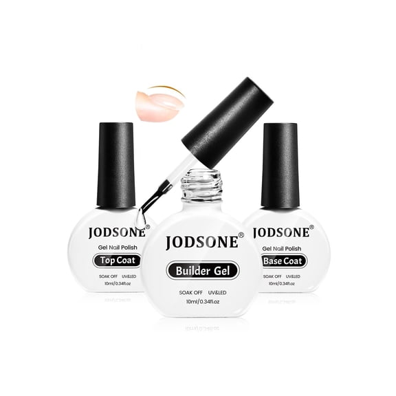 JODSONE 3Pcs 10ml No Wipe Top Coat Base Coat Builder Gel Set For Nail Strengthening Thickening Extensions Requires U V LED Lamp Curing