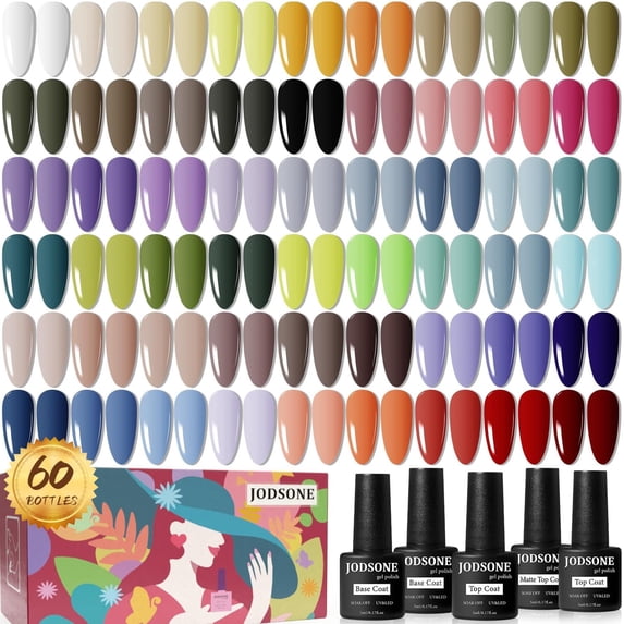 JODSONE 60 PCS Gel Nail Polish Set with 5 Bottles of Base and Glossy Matte Top Coat, Multi Neutral & Vibrant All-Year Gel Shades, Soak Off DIY Nail Art Gifts for Women