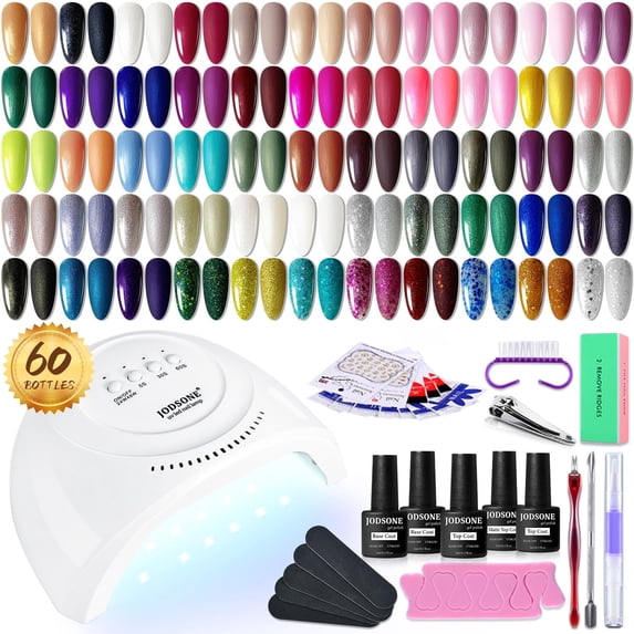 JODSONE 60Pcs Soak Off Gel Nail Kit with UV Lamp, 55 Solid & Glitter Gel, No-Wipe Base, Glossy & Matte Top Coats, DIY Manicure Set for Salon & Home Beginners