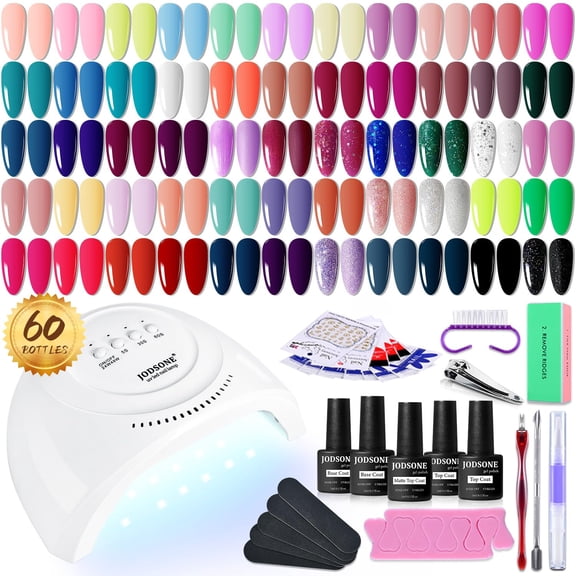 JODSONE 60Pcs Soak Off Gel Nail Polish Kit with U V Lamp, Base & Top Coats, 55 Vibrant Shades Including Bright, Dark Brown & Wine Red Tones, Manicure Set for Women & Girls