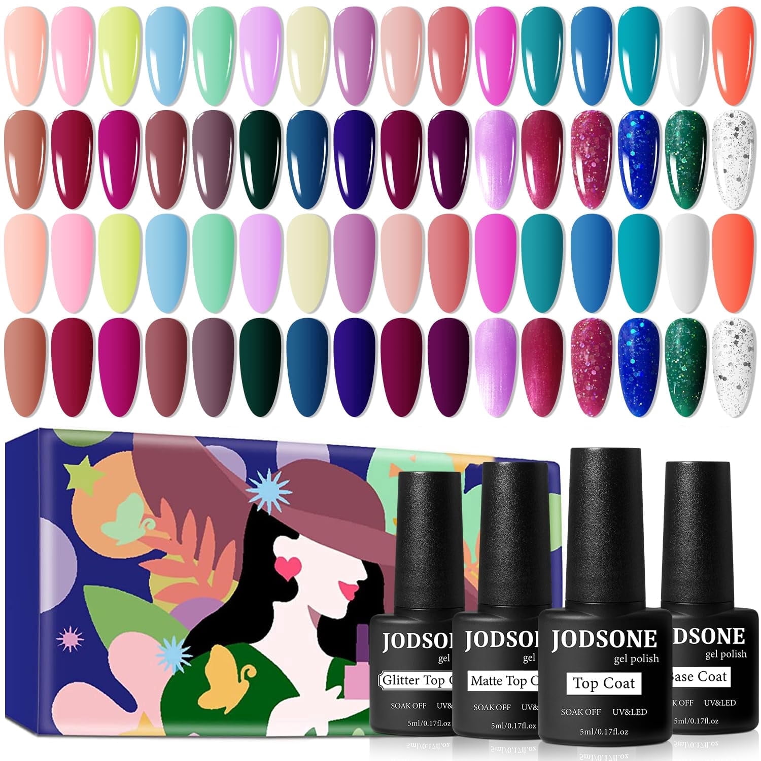 JODSONE Gel Nail Polish Set 36 Pcs Soak Off Gel Polish Set Glitter Gel Nail Set Nail Art Salon DIY at Home Manicure Kit