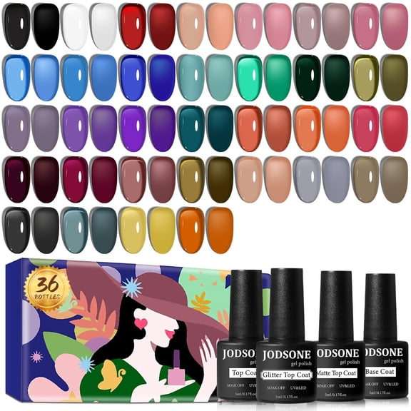 JODSONE Jelly Gel Nail Polish Set,32 Transparent Nude Pink, Red, Black & Blue Colors with Base & Top Coats, Soak Off UV Gel Polish Kit, Nail Art DIY Manicure Gift for Women