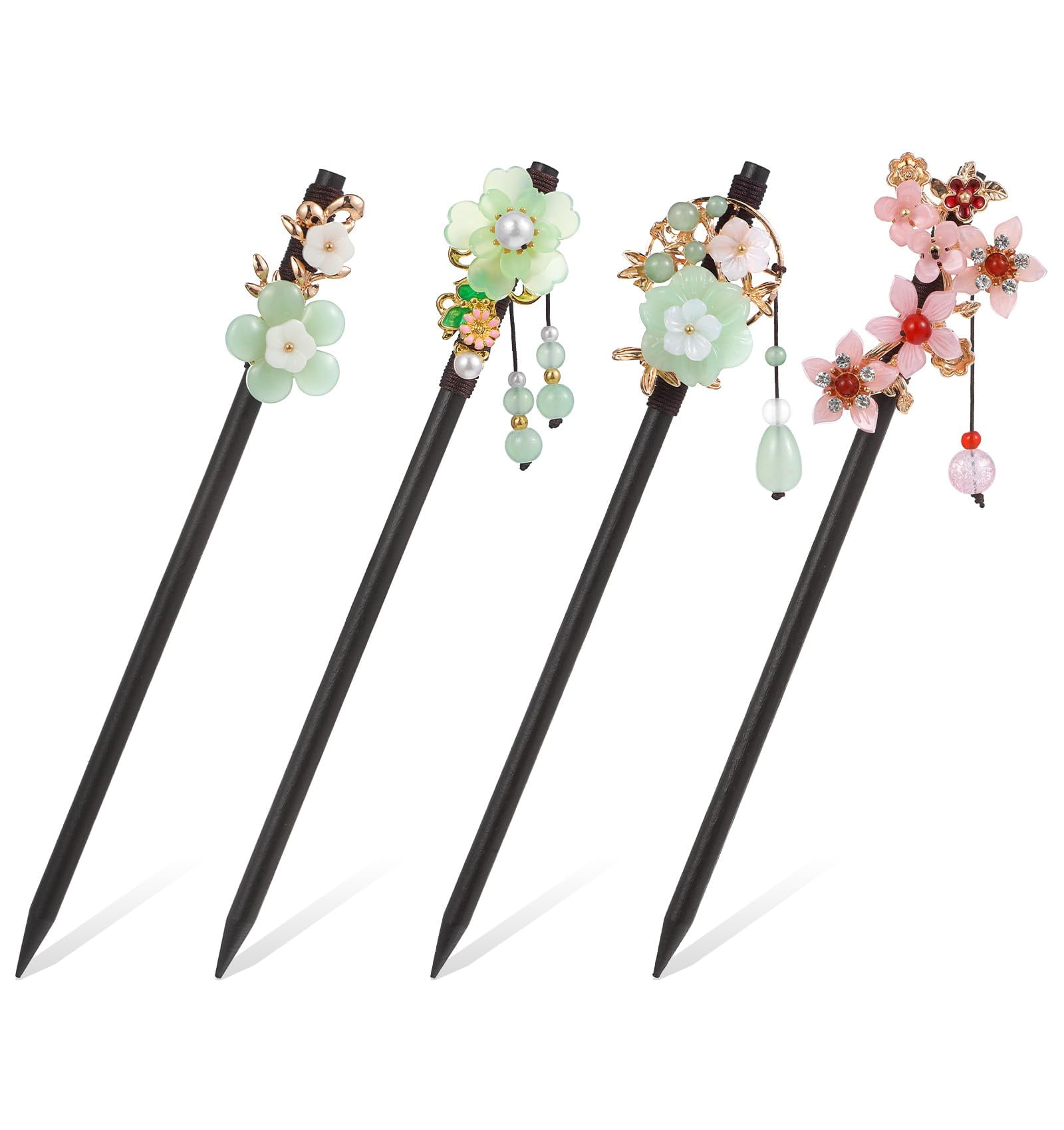 JOELY Asian Hair Sticks, 4 Pcs 7" Wooden Japanese Hair Pin Stick with Flower Bead Pendants, Traditional Asian Hair Sticks with Vintage Tassel & Chopsticks for Hair, Colorful