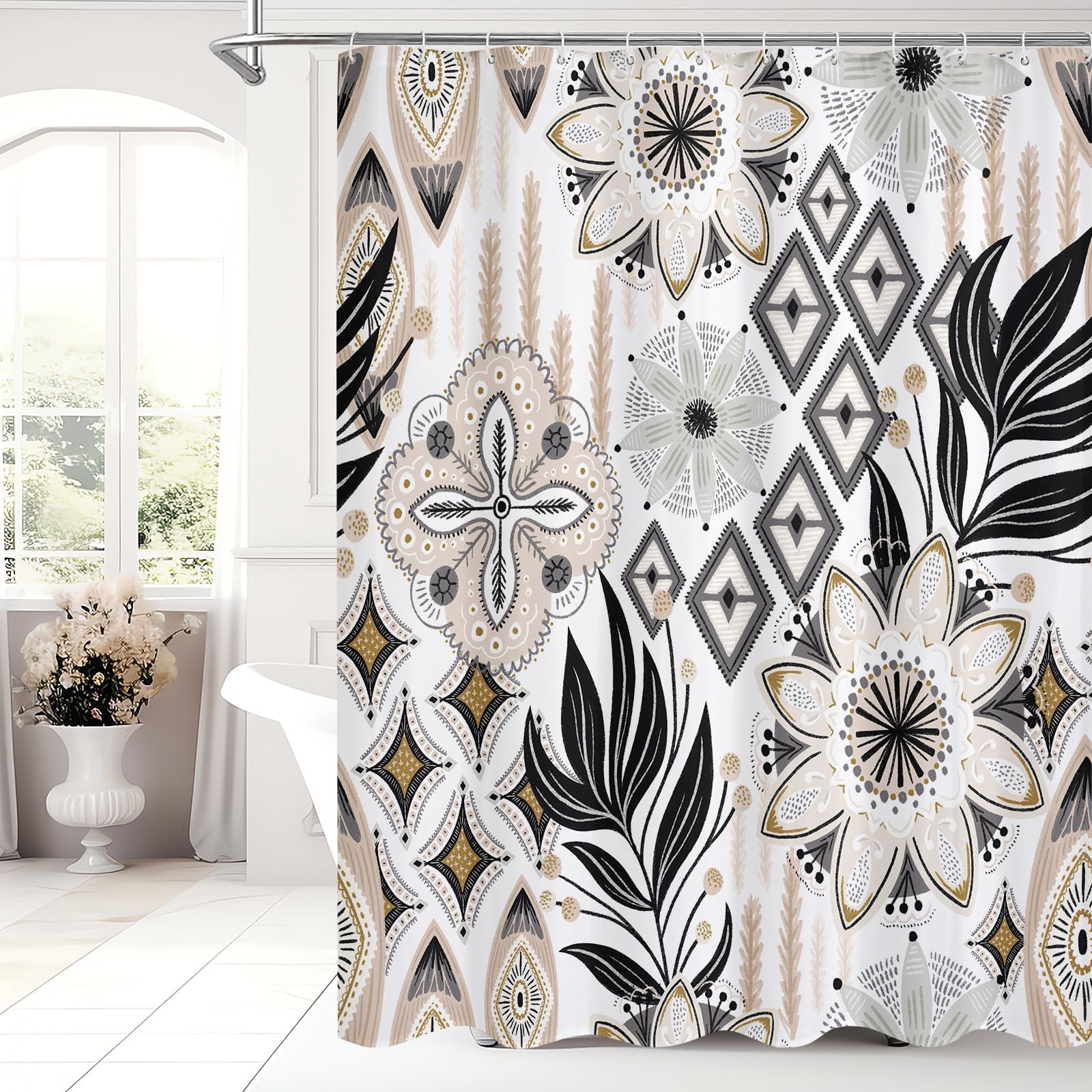 GiuMsi Boho Leaf Shower Curtain – Black & White, 72x78", Waterproof, With Hooks
