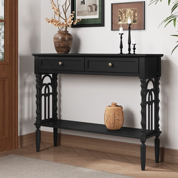 JOEMEY Gothic Arch 2-Drawer Console Table, Vintage Entryway Table with Open Storage Shelf, Black