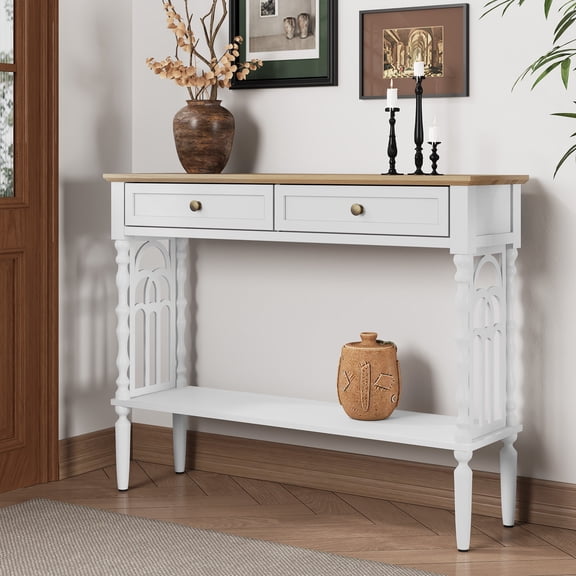JOEMEY Gothic Arch 2-Drawer Console Table, Vintage Entryway Table with Open Storage Shelf, White