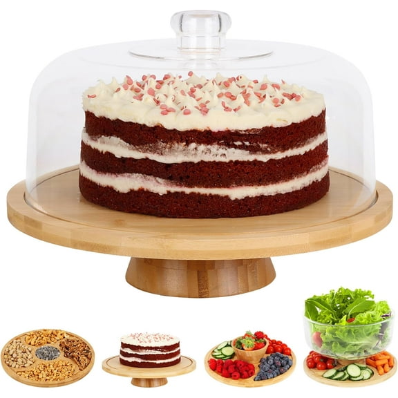 JOEY'Z 6 in 1 Large Bamboo Wood Cake Stand with Lid - Multiuse Wooden Cake Stand with Dome Acrylic Cake Cover/Cake Dome - Cake Holder With Lid - Bamboo Base Punch Bowl - Cake Stands