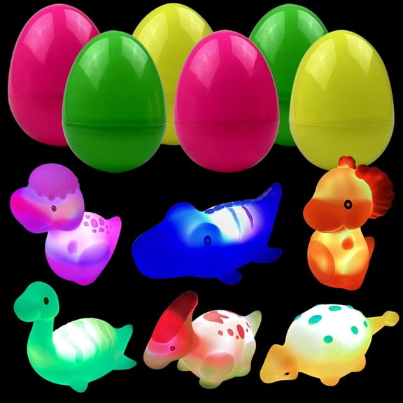 JOFAN 6 Pack Prefilled Jumbo Plastic Easter Eggs with Light Up Dinosaur Toys for Kids Easter Basket Stuffers Gifts Party Favors