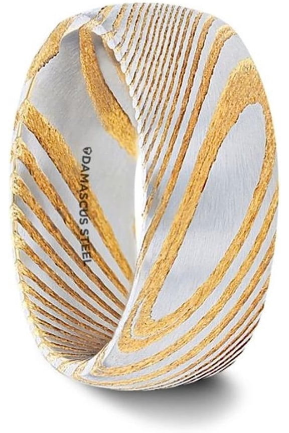 JOFFREY Gold Color Damascus Steel Brushed Beveled Men’s Wedding Band with Repeating Artisan Pattern - 6mm & 8mm