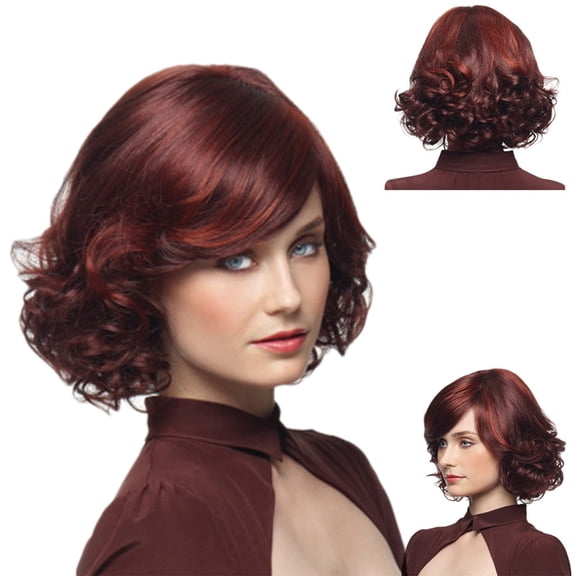 JOFMWIX 11 Inch Synthetic Short Red Wine Curly Wig - Heat Resistant Fiber Water Wave Natural Look Wig for Women, Easy to Use