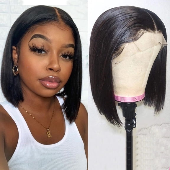 JOFMWIX 13x4x1 Lace Frontal Human Hair Bob Wig for Black Women, Short Straight Pre-Plucked 150% Density Natural Color 10inch - Soft Silky No Tangling