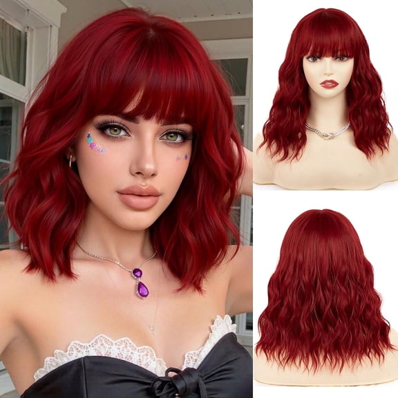 JOFMWIX 14 Inch Ruby Red Wavy Bob Wig with Bangs for Women, Shoulder Length Synthetic Wig, Heat Resistant Loose Wave Hair for Daily Wear Party Cosplay
