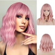JOFMWIX 14'' Pink Short Curly Bob Wig for Women Girls, Synthetic Heat-Resistant Hair with Bangs, Adjustable Wig Cap, Natural Look