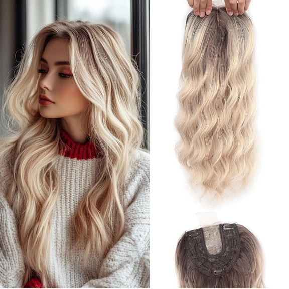 JOFMWIX 16Inch Hair Toppers for Women with Thinning Hair, Heat Resistant Fibre Synthetic 6.5" x 6.5" Base,Long Layered Topper for Women(Ombre Light Brown to Blonde,16inch)