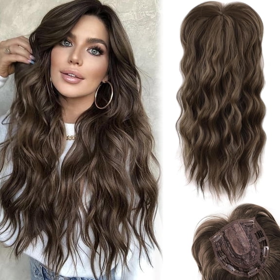 JOFMWIX 20-Inch Hair Topper for Women - Chestnut Brown Wavy Curl Clip-In Hair Piece With Fringe Bang for Thinning Hair - Synthetic Wiglet