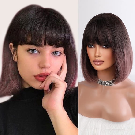 JOFMWIX 20 Inch Long Straight Black Brown Ombre Wig with Side Bangs, Heat Resistant Synthetic Hair for Women, Natural Middle Part, Dark Roots, Elegant for Daily Wear, Cosplay, Party