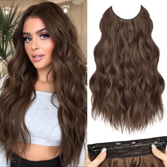 JOFMWIX 20 Inch Long Wavy Mixed Brown Synthetic Hair Extension with Invisible Wire, Lightweight 120g, Adjustable Hooks, Versatile Wear for Volumized Look