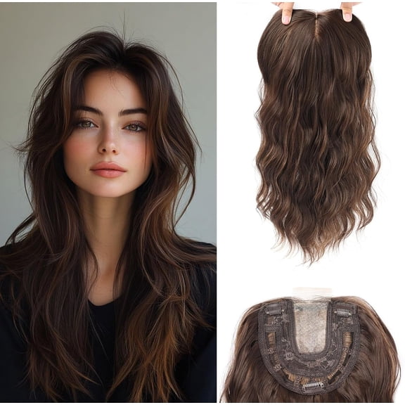 JOFMWIX 20Inch Hair Toppers for Women with Thinning Hair, Heat Resistant Fibre Synthetic 6.5" x 6.5" Base,Long Layered Topper for Women(Dark Brown with Highlights,20inch)