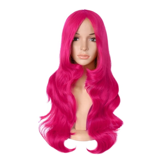 JOFMWIX 24 Inch Long Wavy Side Bangs Party Anime Cosplay Wig, Hot Pink | 60 cm Synthetic Fiber Wig, Women, Charming