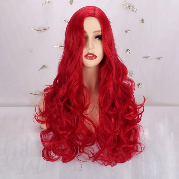 JOFMWIX 24 Inch Red Micro Curl Wavy Wig for Women - Heat Resistant, Can Be Straightened or Curled, Soft & Breathable, Adjustable Size for Cosplay, Party, Daily Wear