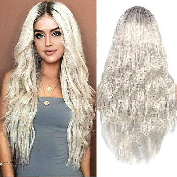JOFMWIX 24 Inch White Micro Curl Wavy Wig for Women, High Temperature Fiber, Adjustable Cap, Heatable Straighten & Curl, Natural Look for Cosplay Party
