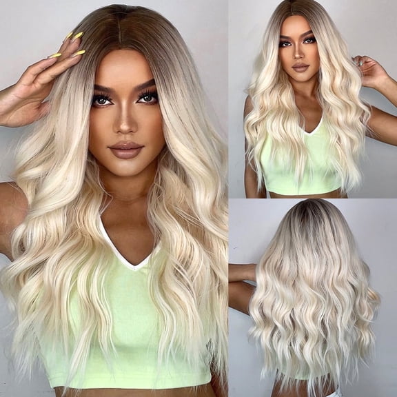 JOFMWIX 26 Inch Long Water Wave Wig for Women - Gradient Blonde Synthetic Wig with Mid Split Bangs, Perfect for Cosplay, Party, and Daily Wear