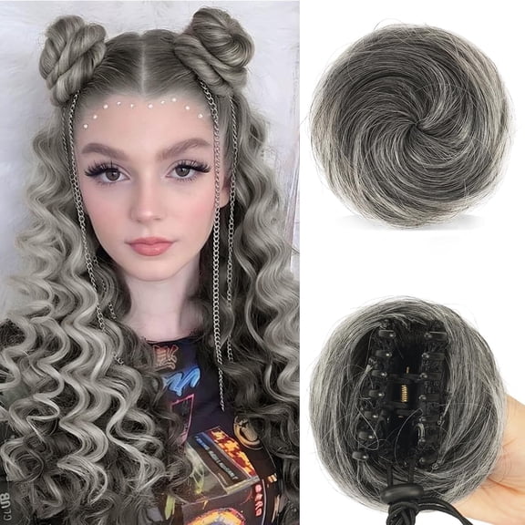JOFMWIX 2PCS Mini Claw Clip in Hair Bun Messy Cat Ears Hair Bun Extension Synthetic Donut Wig Accessory Updo Space Bun Hair Pieces for Women Girls, Gray and White Tips-1