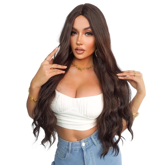 JOFMWIX 32 Inch Black Brown Long Wave Synthetic Wigs For Women Natural With Bang Pro