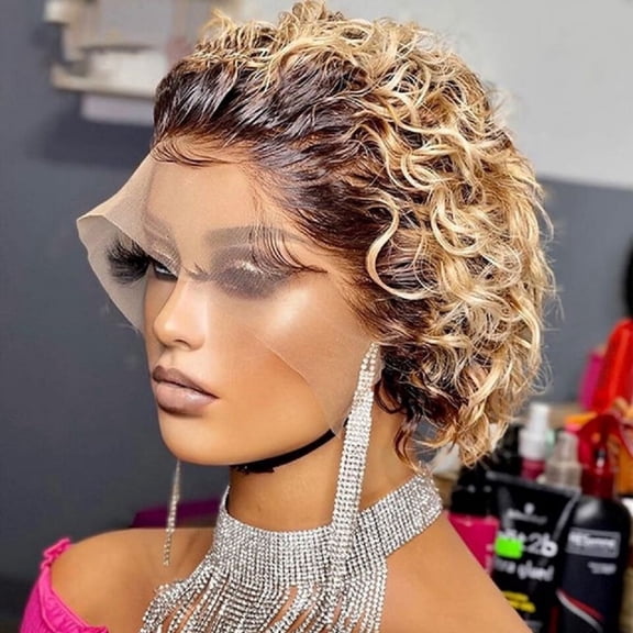 JOFMWIX 6 Inch Short Bob Wig - 13x1 Lace Front Human Hair Pixie Cut Wig, Pre-Plucked Curly Highlight, Average Cap Size