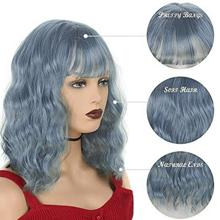 JOFMWIX Air Bangs Women's Short Bob Wig, Curly Wavy Shoulder Length Synthetic Hair, 40cm, Adjustable Cap, Easy to Use