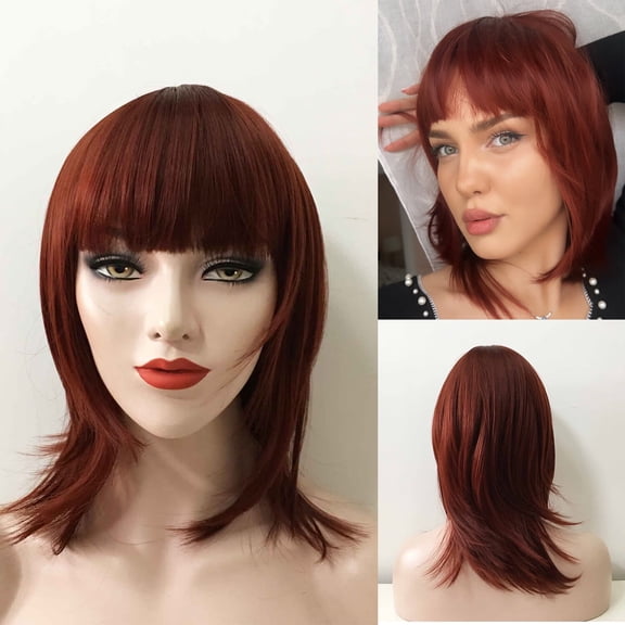 JOFMWIX Auburn Dark Red Wig,16 Inches Medium Length Straight Layered Wigs with Fringe Bangs, Synthetic Heat Resistant Wigs for Women, Daily, Party