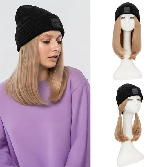 JOFMWIX Beanie Wig Hair Extensions, Knitted Hats with Synthetic Bob Wig Hairpieces for Women Winter, 11 Inch Short Straight Blonde Mixed Hair with Black Beanie