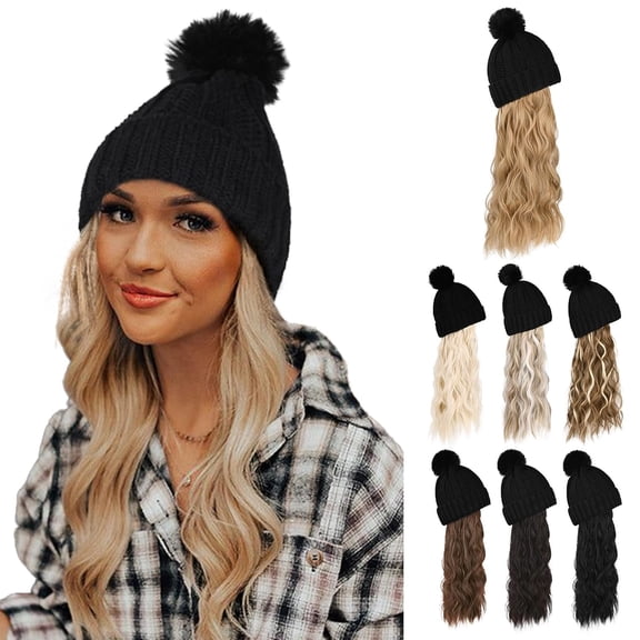 JOFMWIX Beanie Wig, Hat Hair Extension Long Wavy Curly Black Hat Wig with Faux Fur Pom, Attached 20 Inch Synthetic Hairpiece for Women Girls Winter Dirty Blonde