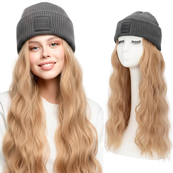 JOFMWIX Beanie Wig for Women Hat with Hair Attached for Women Synthetic 18 Inch Wavy Curly Hairpiece Winter Warm Grey Knitted Hat With Hair Extentions for Women Girls 18